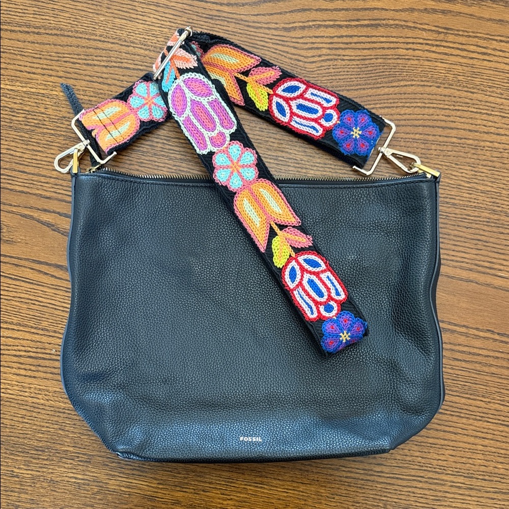 Fossil Black Cross Body Bag with Vibrant Embroidered Strap